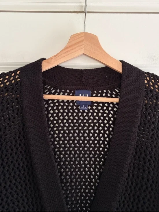 GAP Crochet Cardigan Sweater Black Open Knit Beachy Oversized Button Up Size L - Picture 8 of 16
